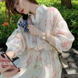 Set: Elbow-sleeve Floral Shirt + Midi Skirt