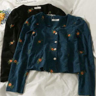Corduroy Embroidered Square-neck Crop Shirt
