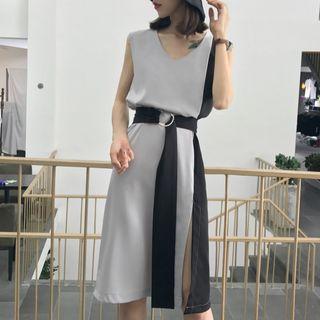Two-tone Side-slit Sleeveless Chiffon Dress