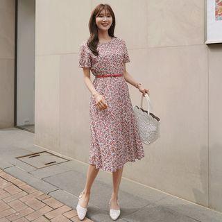 Belted Shirred-cuff Midi Floral Dress