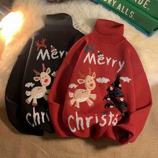 Long-sleeve High-neck Christmas Embroidered Knit Sweater
