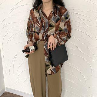 Geometric Printed Long-sleeve Loose-fit Shirt As Figure - One Size