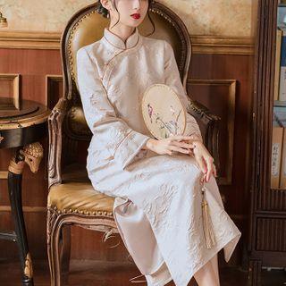 Set: Long-sleeve Embossed Midi Dress + Embossed Jacket