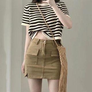 Short-sleeve Striped Knit Crop Top / Mini Pencil Skirt / Set