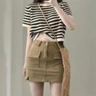 Short-sleeve Striped Knit Crop Top / Mini Pencil Skirt / Set