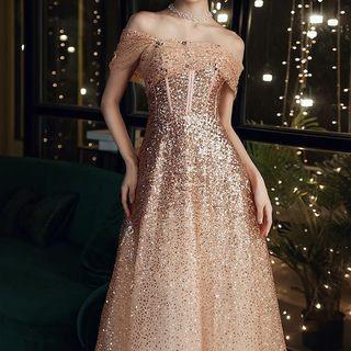 Off-shoulder Lam  A-line Evening Gown