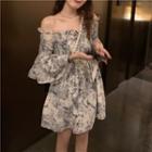 Bell-sleeve Off-shoulder Print Mini A-line Dress Light Gray - One Size