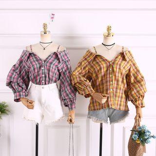 Cold-shoulder Plaid Blouse