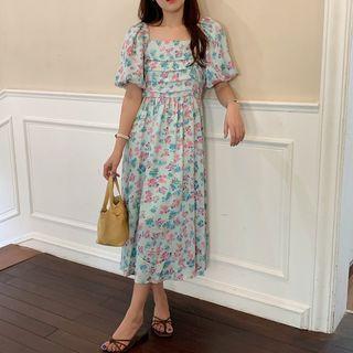 Short-sleeve Square Neck Floral Midi A-line Dress Pink & Blue Floral - Blue - One Size