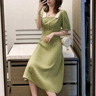 Elbow-sleeve Plain Square-neck Collar High-waist Midi Dress