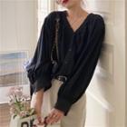 Long-sleeve Drawstring V-neck Blouse