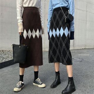 Argyle Knit Midi Straight-fit Skirt