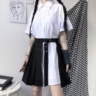 Elbow-sleeve Mini Shirt Dress / Asymmetrical Pleated Mini A-line Skirt