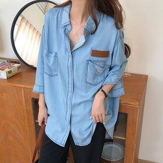 Color Block Elbow-sleeve Denim Shirt
