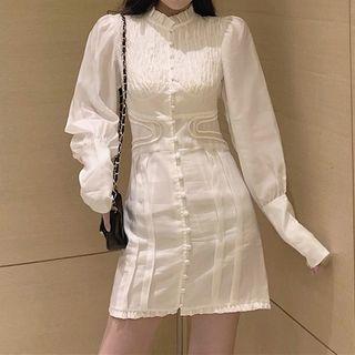 Long-sleeve Ruffled Pintucked Plain Dress As Shown In Figure - One Size