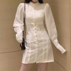 Long-sleeve Ruffled Pintucked Plain Dress As Shown In Figure - One Size