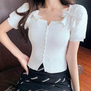 Short-sleeve Bow Top / Lettering A-line Skirt