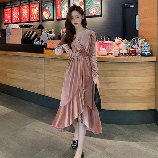Ruffle Hem Corduroy Long-sleeve Midi Dress