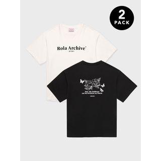 Set Of 2: Letter & Rose-print T-shirt Jet Black - One Size / White - One Size
