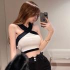 Contrast Trim Knit Cropped Halter Top Black - One Size