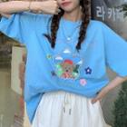 Short-sleeve Faux Pearl Bear Print T-shirt