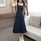 Buttoned A-line Midi Dungaree Dress