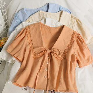 Lace-trim Tie-neckline Crop Shirt