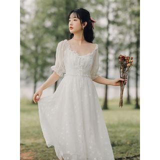 Elbow-sleeve Starry Chiffon A-line Midi Dress