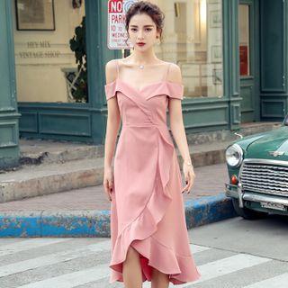 Short-sleeve Cold Shoulder Frill Trim A-line Midi Dress