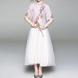 Set : Elbow-sleeve Embroidered Cheongsam Top + Lace Overlay Wide Leg Pants