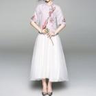 Set : Elbow-sleeve Embroidered Cheongsam Top + Lace Overlay Wide Leg Pants