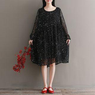 Long-sleeve Star Print Chiffon Dress Black - One Size