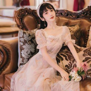 Puff-sleeve Butterfly Embroidered Sequined Midi A-line Dress