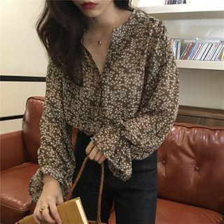 Long-sleeve Buttoned Floral Print Chiffon Blouse