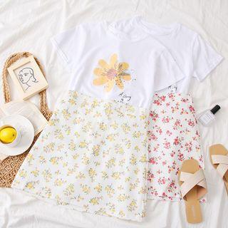 Set: Flower-print T-shirt + Floral A-line Skirt