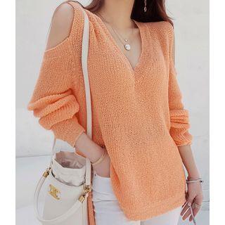 V-neck Cutaway-shoulder Knit Top