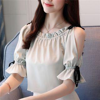 Open Shoulder Frill Trim Short-sleeve Chiffon Top