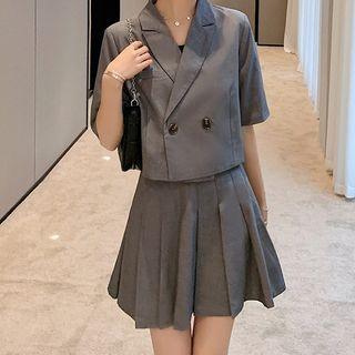 Set: Short-sleeve Double-breasted Blazer + Mini Pleated Skirt