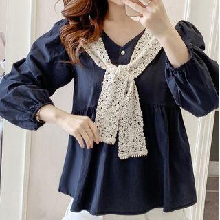 Set: V-neck Long-sleeve Blouse + Lace Shawl