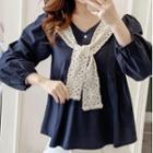 Set: V-neck Long-sleeve Blouse + Lace Shawl