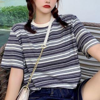 Short-sleeve Crinkled Mini A-line Dress Stripe - Black & White - One Size