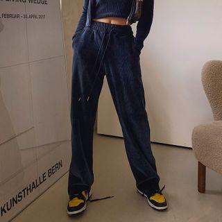 Drawstring-waist Ribbed Velvet Wide-leg Pants