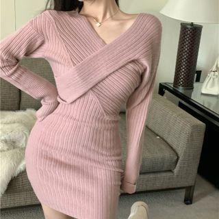 Long-sleeve Knit Mini Sheath Dress Pink - One Size