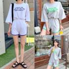Set: Letter-printed Oversized T-shirt + Piped Sweatshorts
