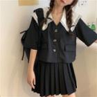 Collared Elbow-sleeve Shirt / Pleated Mini A-line Skirt