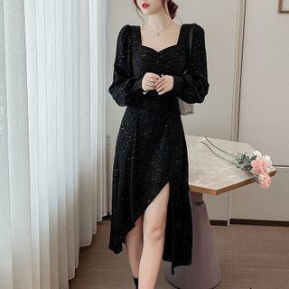 Puff-sleeve Glitter Asymmetric A-line Dress