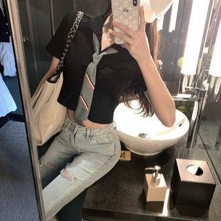 Plain Short-sleeve Cropped Polo Shirt With Tie Black - One Size