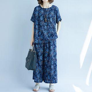 Set: Short-sleeve T-shirt + Crop Wide Leg Pants Blue - One Size