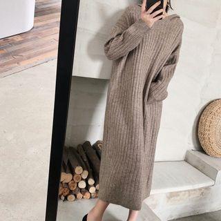 Hooded Ribbed Midi Sheath Sweater Dress