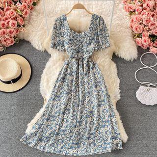 Puff Short-sleeve Floral Print Dress